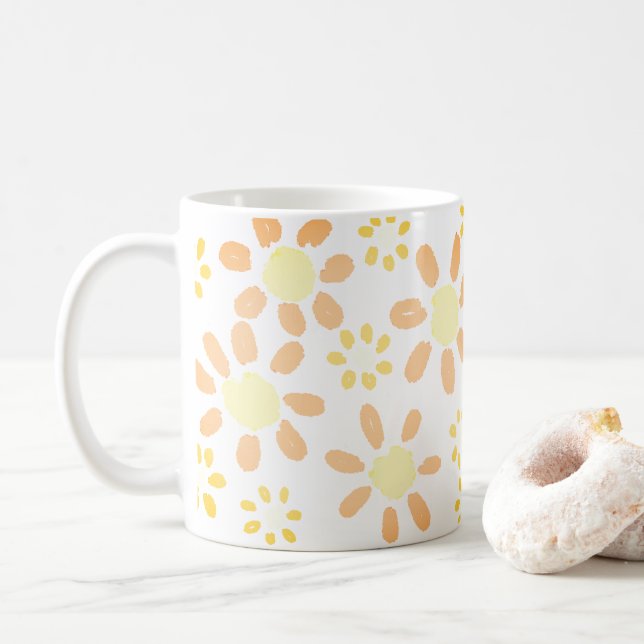 Orange Yellow Daisy Flower Watercolor Pattern Coffee Mug (With Donut)