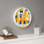 Orange Yellow Dark Navy Blue Retro Art Pattern Clock<br><div class="desc">Beautiful contemporary white, yellow, orange, dark blue and vanilla coloured geometric circles and half circles pattern.. Elegant, stylish and eclectic minimalism design for the artistic interior designer, the artsy décor decorator, popular hip trendsetter, vintage retro art style or abstract digital geometric motif lover. Match this design with your interior decor...</div>
