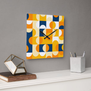 Orange Yellow Dark Navy Blue Retro Art Pattern Square Wall Clock