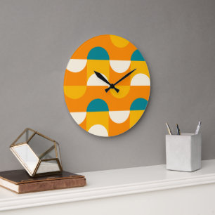Orange Yellow Dark Teal Blue Green Retro Pattern Large Clock