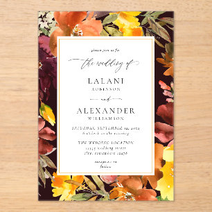 Orange & Yellow Fall Floral Wedding -3 Burgundy  Acrylic Invitations