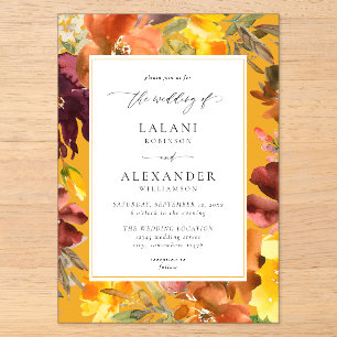 Orange & Yellow Fall Floral Wedding -3 Gold Acrylic Invitations