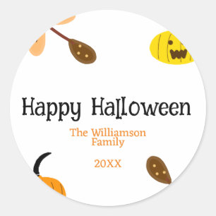 Orange yellow fall happy halloween add family n classic round sticker