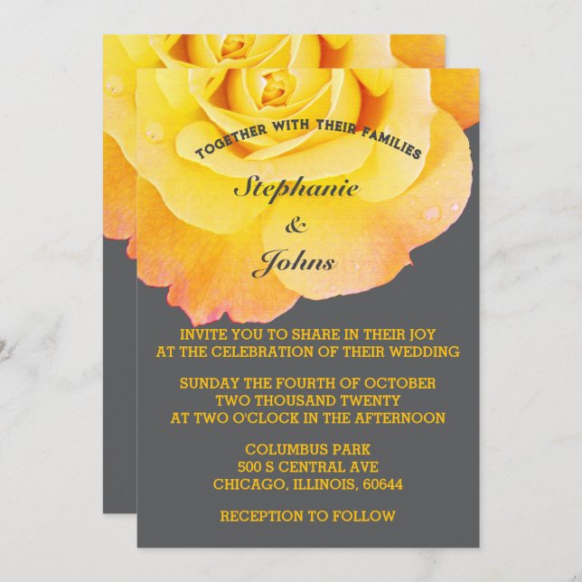 Orange Yellow Floral Grey Grey Cool Boho Wedding Invitation (Front/Back)