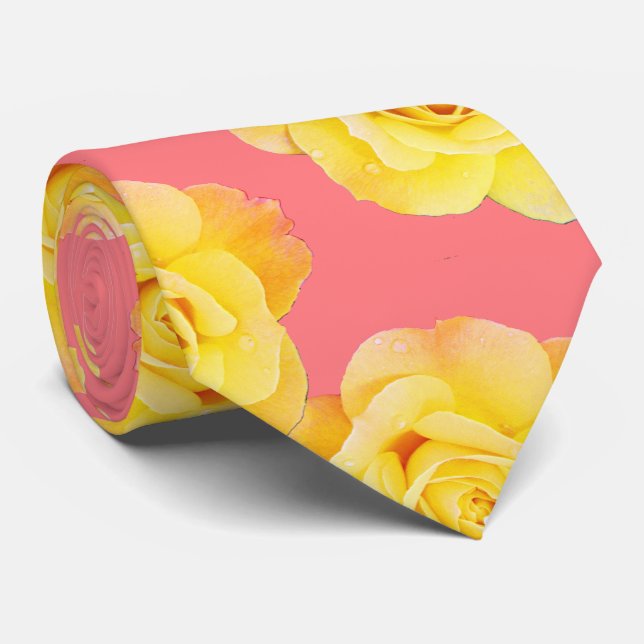 Orange Yellow Floral Rose Coral Salmon Pink Cool Tie (Rolled)