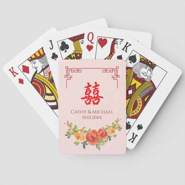 Orange yellow flowers Chinese frame wedding Playing Cards (Back)
