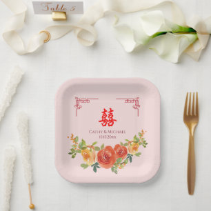 Orange yellow flowers Chinese wedding Paper Plate