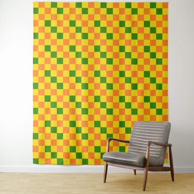 Orange Yellow Green Checkered Pattern Design  Tapestry (In Situ)