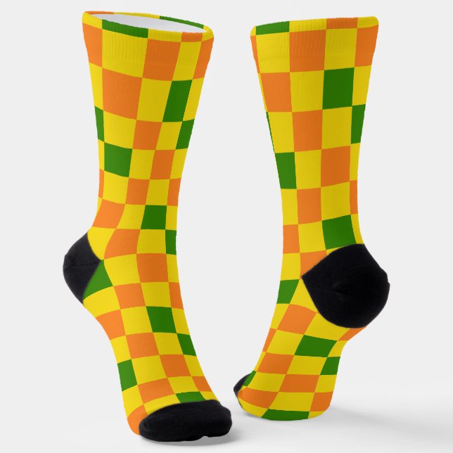 Orange Yellow Green Chequered Pattern Design  Socks (Angled)