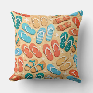 ORANGE YELLOW GREEN TEAL FLIP FLOPS & SURFBOARDS THROW PILLOW