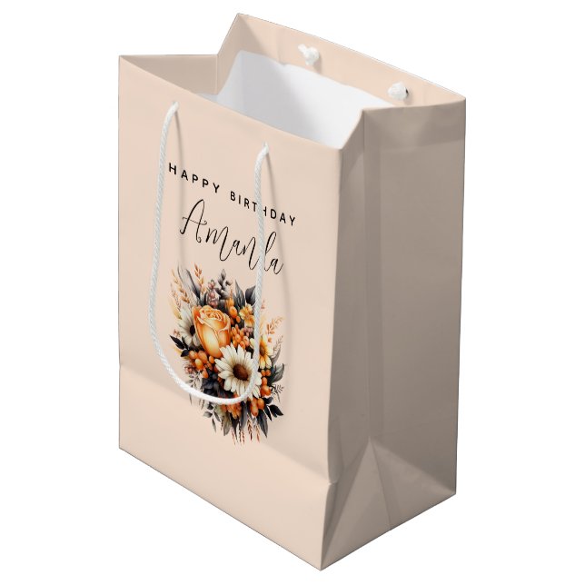 Orange Yellow Grey Flower Bouquet Birthday Medium Gift Bag (Front Angled)