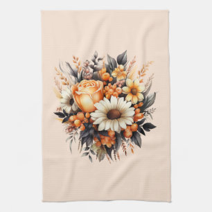 Orange Yellow Grey Flower Bouquet Kitchen Towel