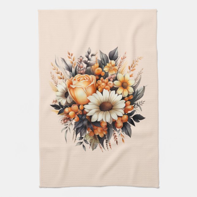 Orange Yellow Grey Flower Bouquet Kitchen Towel (Vertical)