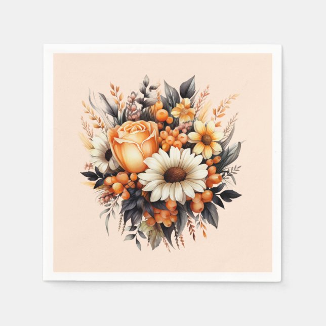 Orange Yellow Grey Flower Bouquet Napkin (Front)