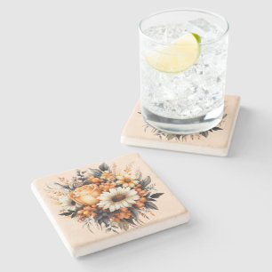 Orange Yellow Grey Flower Bouquet Stone Coaster