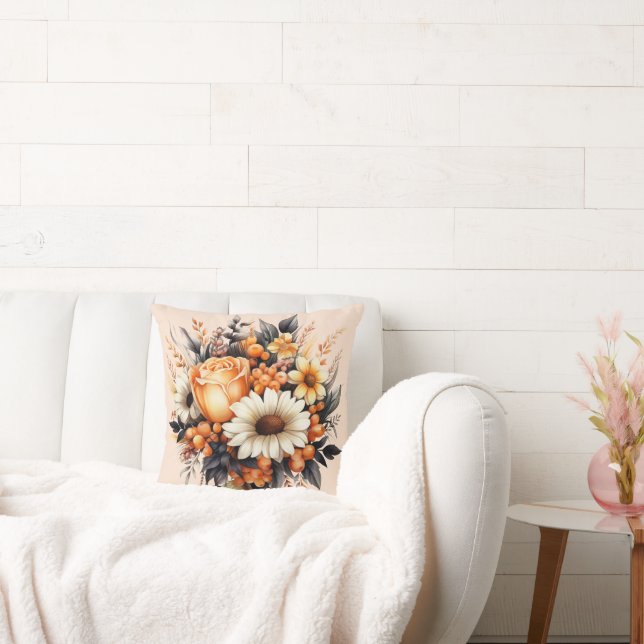 Orange Yellow Grey Flower Bouquet Throw Pillow (Couch)