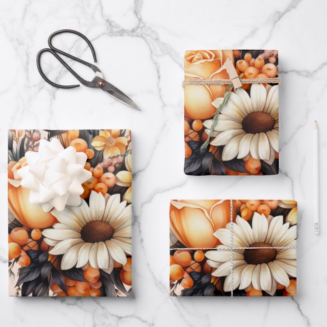 Orange Yellow Grey Flower Bouquet Wrapping Paper Sheet (Front)