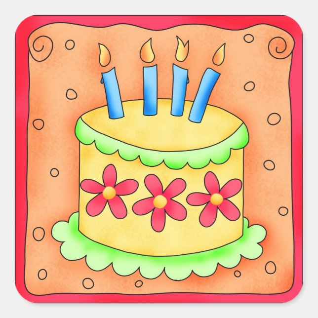 Orange Yellow Happy Birthday Cake Candles Square Sticker (Front)