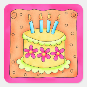 Orange Yellow Happy Birthday Cake Candles Square Sticker