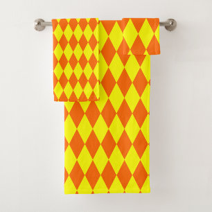 Orange Yellow Harlequin Checkered Design  Bath Towel Set