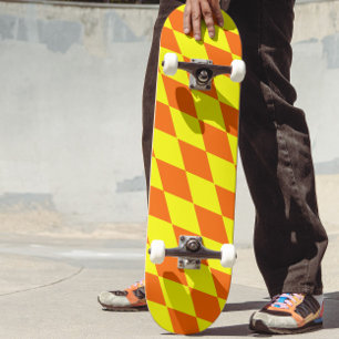 Orange Yellow Harlequin Checkered Design Skateboard