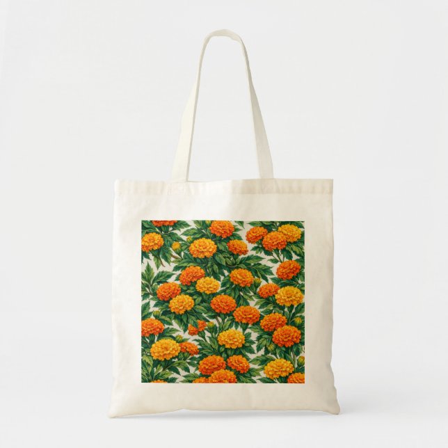 Orange & Yellow Marigold Botanical Floral Pattern Tote Bag (Front)
