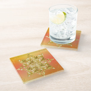 ORANGE & YELLOW OMBRE WITH GOLD MANDALA GLASS COASTER