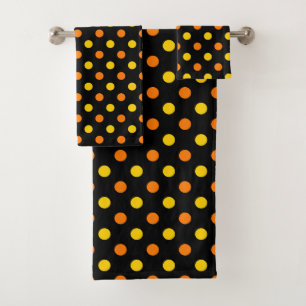 Orange Yellow On Black Polka Dots Design  Bath Towel Set