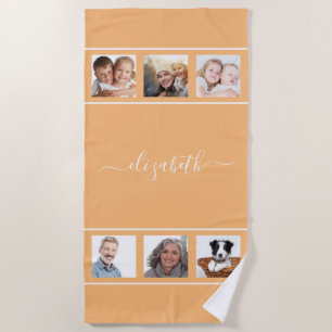 Orange yellow photo collage monogram script beach towel