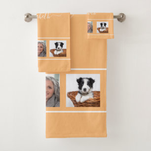Orange yellow photo collage name script bath towel set