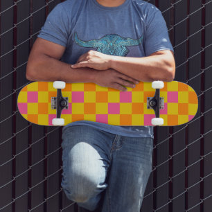 Orange Yellow Pink Chequered Pattern Design Skateboard