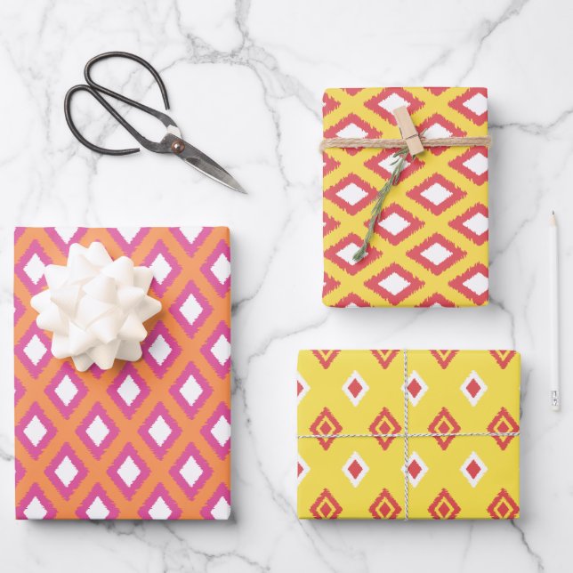Orange, Yellow & Pink Tribal Diamond Ikat Pattern  Wrapping Paper Sheet (Front)