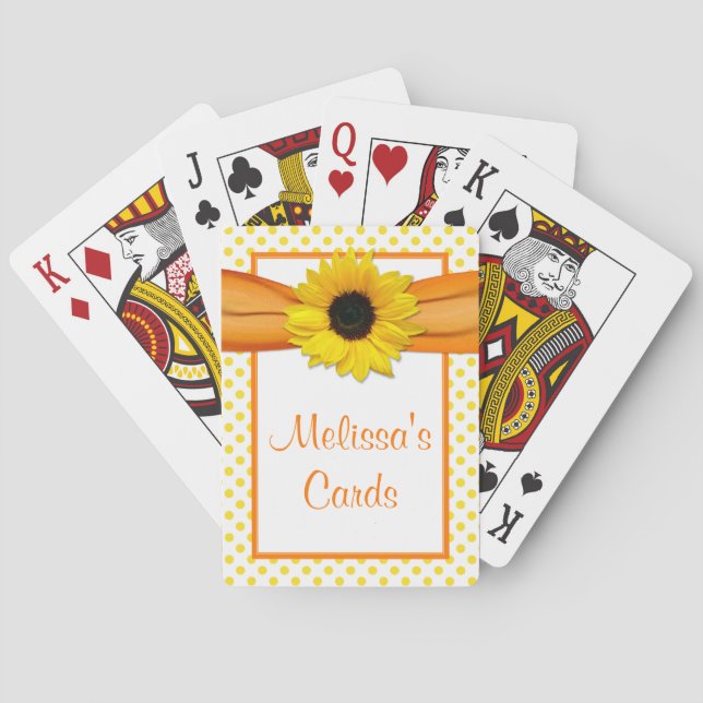 Orange Yellow Polka Dot Sunflower Personalized Playing Cards (Back)