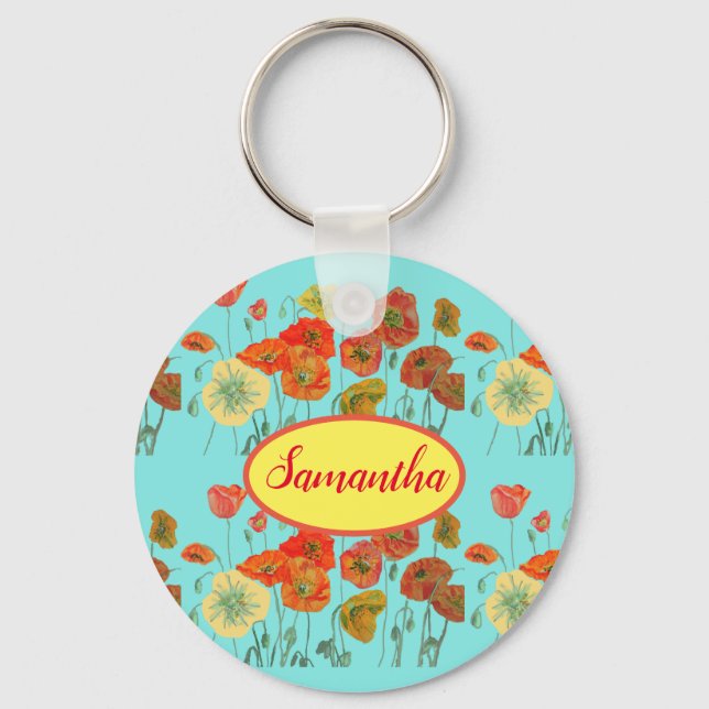 Orange Yellow Poppies Floral Aqua Poppy Girls Name Keychain (Front)