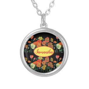 Orange Yellow Poppies Floral Aqua Poppy Girls Name Silver Plated Necklace