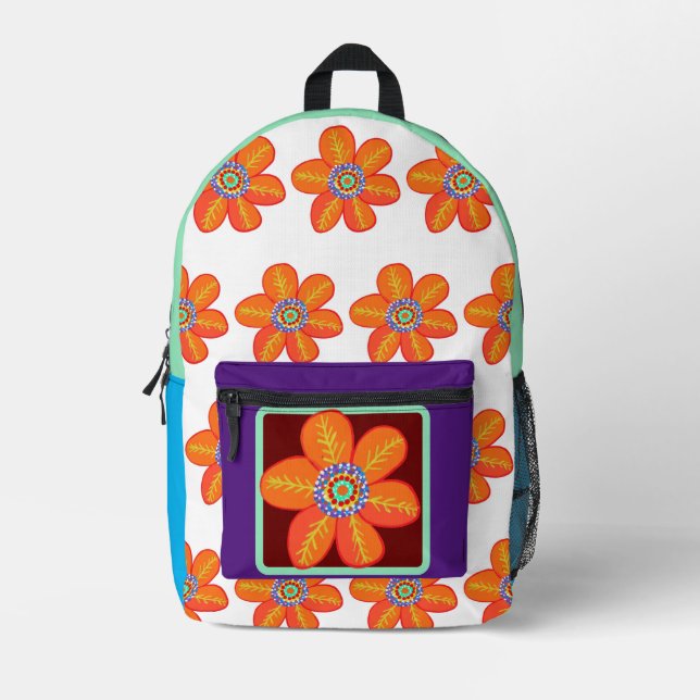 Orange Yellow Purple Flowers Printed Backpack (Front)