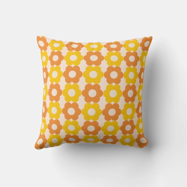 Orange, Yellow Retro 60s, 70s Floral Pattern Throw Pillow (Back)