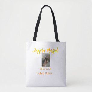 Orange yellow retro photo happily married couple tote bag