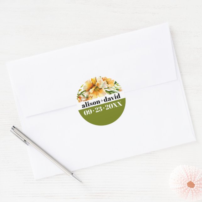 Orange yellow rhododendron bold typography wedding classic round sticker (Envelope)