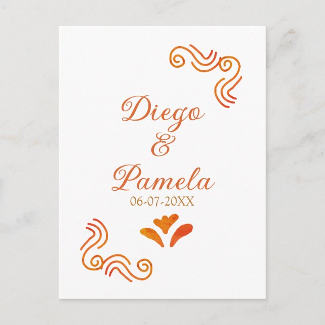 orange yellow rustic spanish wedding couple name postcard (Front)