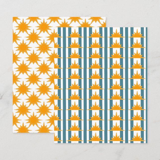 Orange yellow sun on teal stripes scrapbook paper (Front/Back)