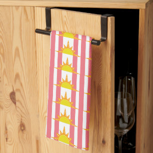 Orange Yellow Suns on Pink Stripes Kitchen Towel