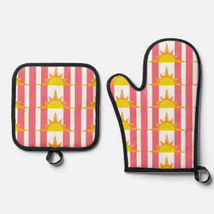 Orange Yellow Suns on Pink Stripes Oven Mitt & Pot Holder Set