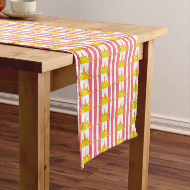 Orange Yellow Suns on Pink Stripes Short Table Runner (In Situ)