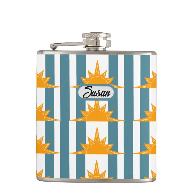 Orange Yellow Suns on Teal Stripes Hip Flask (Front)