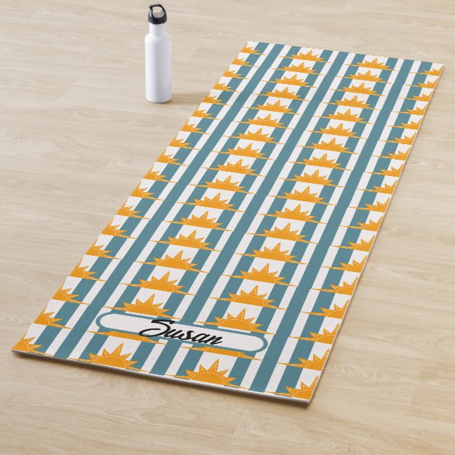 Orange Yellow Suns on Teal Stripes Yoga Mat (In Situ)
