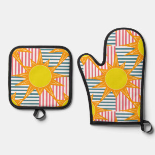Orange Yellow Suns Stripes Checks Oven Mitt & Pot Holder Set