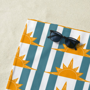Orange Yellow Suns Teal Stripes Beach Towel