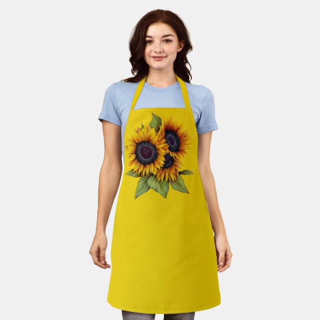 Orange yellow watercolor big sunflowers lemon apron (Worn)