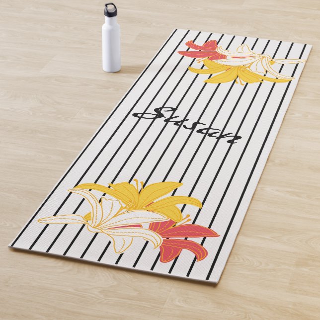 Orange Yellow White Flowers on Black and White Yoga Mat (In Situ)